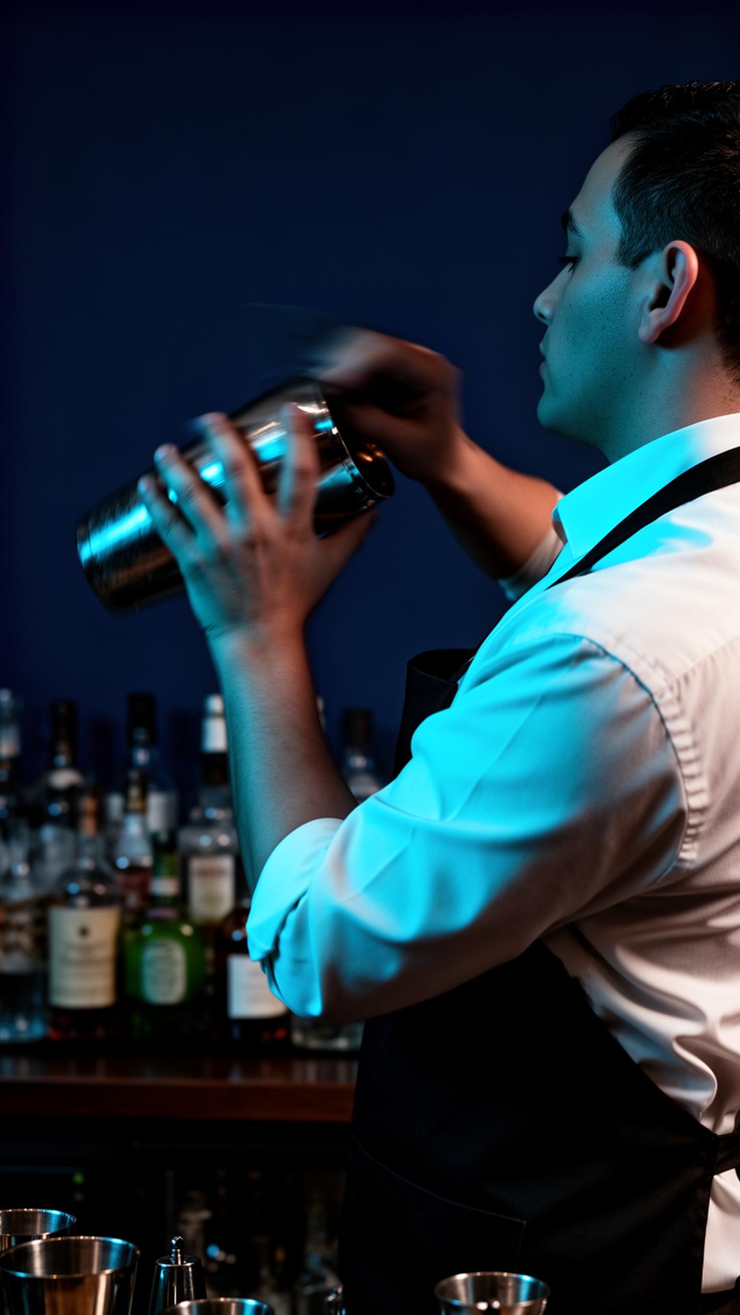 Bartender in azione con shaker, luce cyan